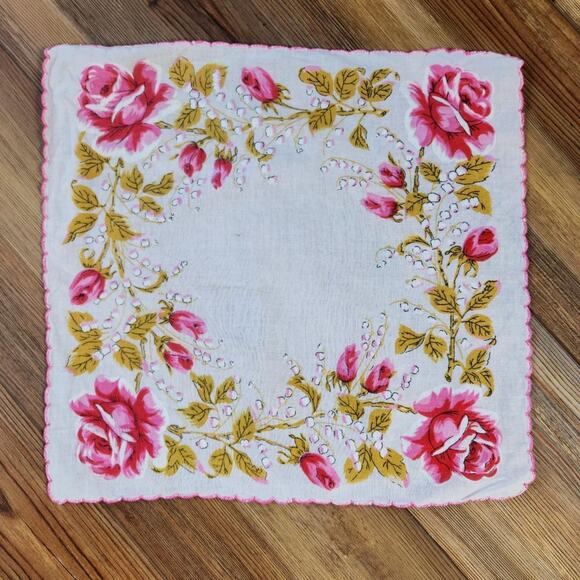 VINTAGE DAINTY PINK FLORAL ROSE HANDKERCHIEF KAWAII COQUETTE TWEE ROMANTIC CUTE - Picture 1 of 3